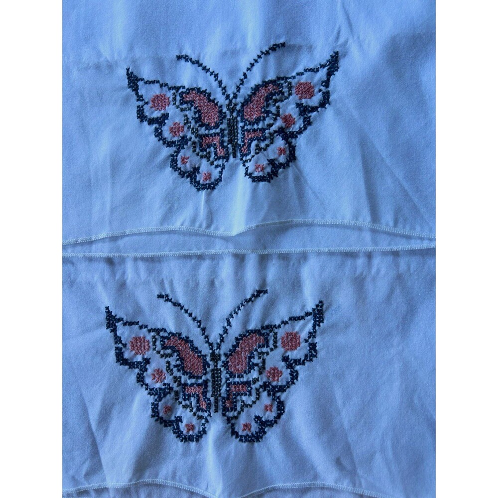 Vintage Cross Stitch Pillowcases Hand Embroidered Butterfly White 2 Pr Cottage